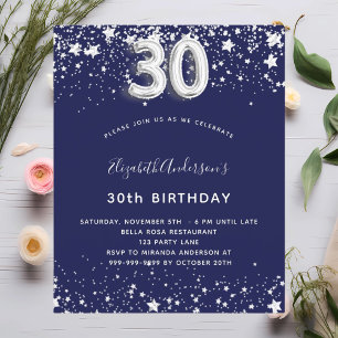 Budget 30th birthday navy blue silver invitation