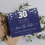 Budget 30th birthday navy blue silver save date<br><div class="desc">A girly and trendy Save the Date card for a 30th birthday party. A navy blue coloured background. Decorated with faux silver stars. The text: Save the Date is written with a large trendy hand lettered style script. Number 30 is written with a balloon style font.</div>