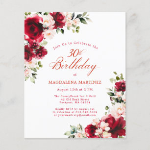 BUDGET 30th Birthday Red Pink Rose Invitation