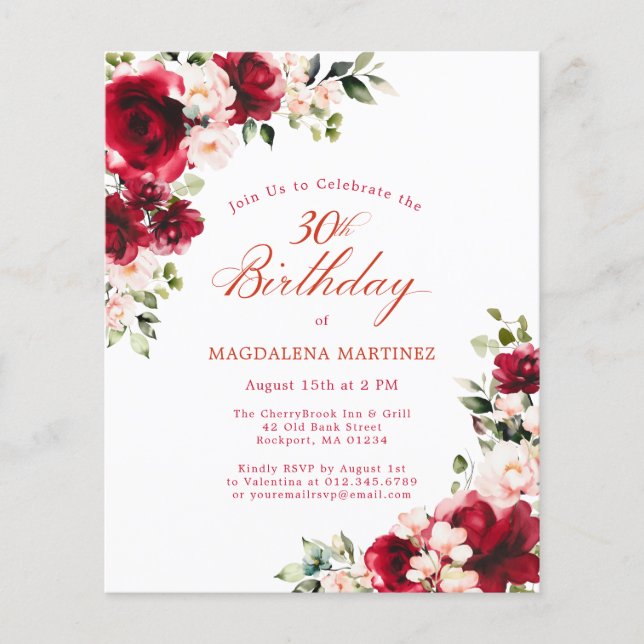 BUDGET 30th Birthday Red Pink Rose Invitation (Front)