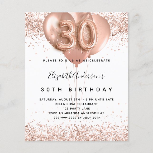 Budget 30th birthday rose gold balloons invitation (Front)