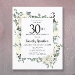 Budget 30th Birthday White Floral Invitation<br><div class="desc">Elegant 30th birthday party invitation features a botanical frame of white flowers and deep green leaves. The birthday person's name is written in a traditional script text. All of the text can be easily edited to create just the right celebratory tone.</div>