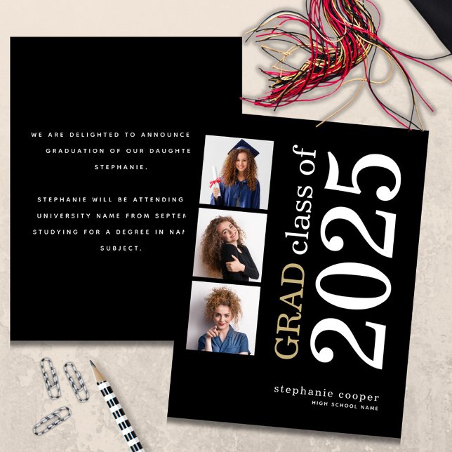 Budget 3 photo 2025 Black Graduation Announcement (front and back view)
