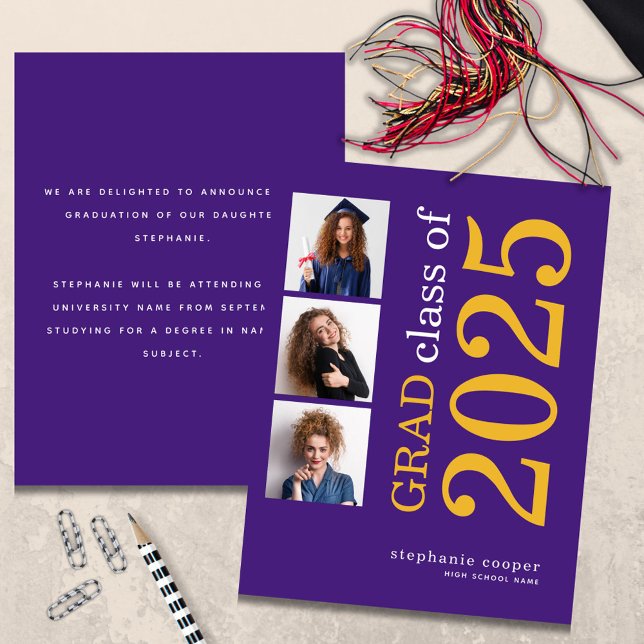 Budget 3 photo 2025 Purple Graduation Announcement (front and back view)