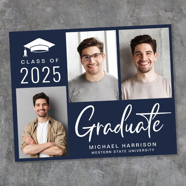 Budget 3 Photo Blue Graduation Announcement (Share the pride and excitement of your grad's achievement with friends and family near and far)