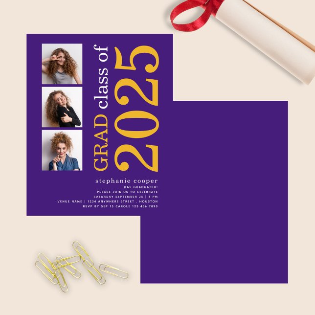 Budget 3 photo Bold 2025 Purple Graduation Invite (front and back view)