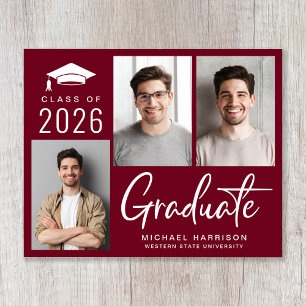 Budget 3 Photo Burgundy Graduation Announcement