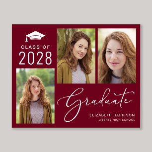 Budget 3 Photo Burgundy Graduation Announcement