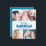 Budget 3 Photo Happy Hanukkah Turquoise Stars Card<br><div class="desc">“Happy Hanukkah.” Fun, playful, whimsical handcrafted typography and a random Star of David pattern in light turquoise blue, all overlaying light aqua blue hand drawn lines on a white background, along with 3 photos of your choice, help you usher in Hanukkah. Hand drawn turquoise lines overlay a teal blue background...</div>