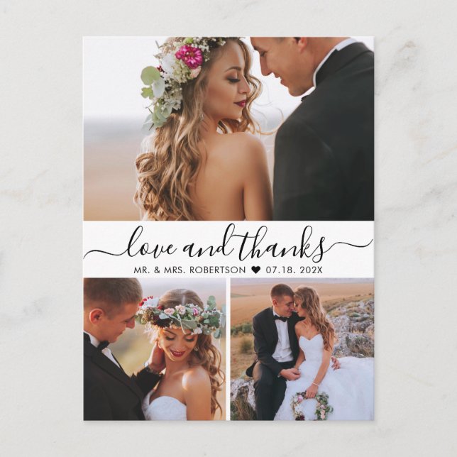 Budget 3 Photo Love and Thanks Wedding Thank You Postcard (Front)