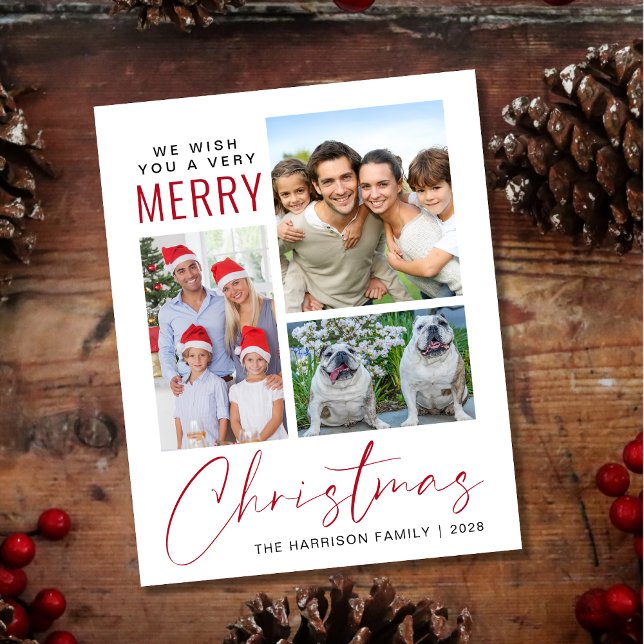 Budget 3 Photo Merry Christmas Holiday Card (This holiday season, let your family's smiles and heartwarming memories shine on our 3 photo card)