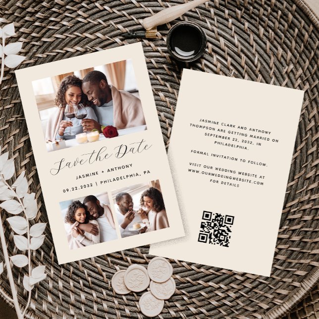 Budget 3-Photo QR Code Beige Save the Date (Creator Uploaded)