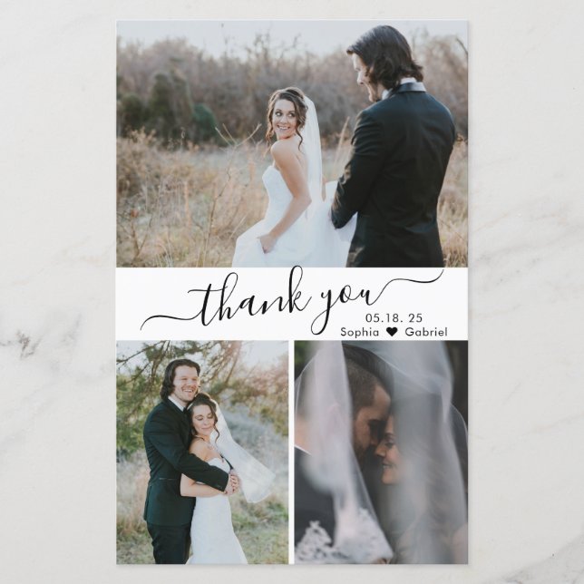 Budget 3 Photo Script Wedding Thank You Paper (Front)