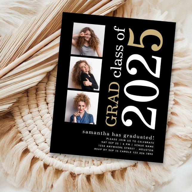 Budget 3 photo White Gold 2025 Graduation Invite (front view)