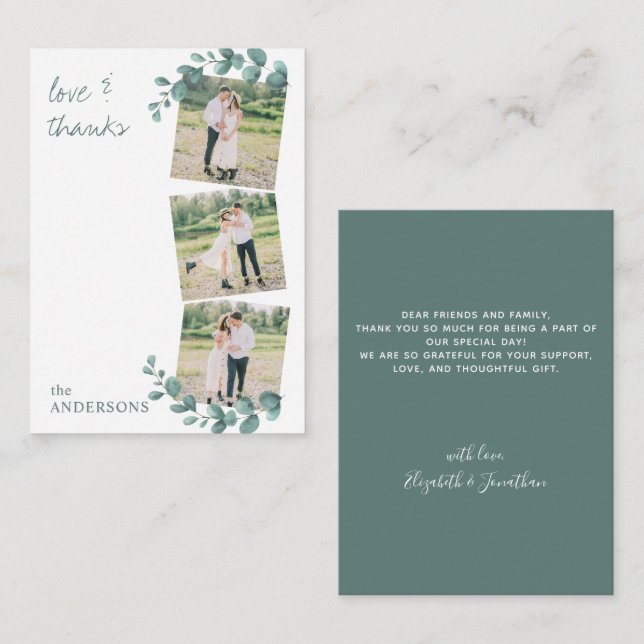 Budget 3 Photos Eucalyptus Wedding Thank You Card (Front/Back)