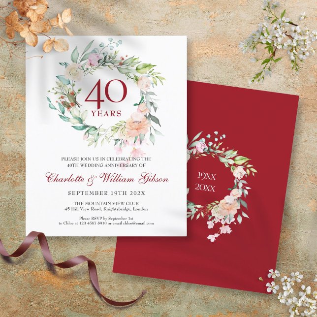 Budget 40th Anniversary Ruby Floral Invitation (Budget 40th Anniversary Ruby Floral Invitation)