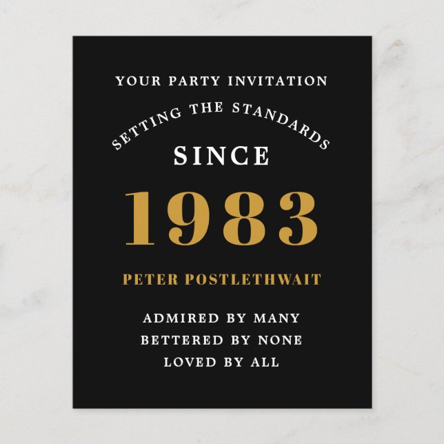 Budget 40th Birthday 1983 Invitation Black Gold Flyer (Front)