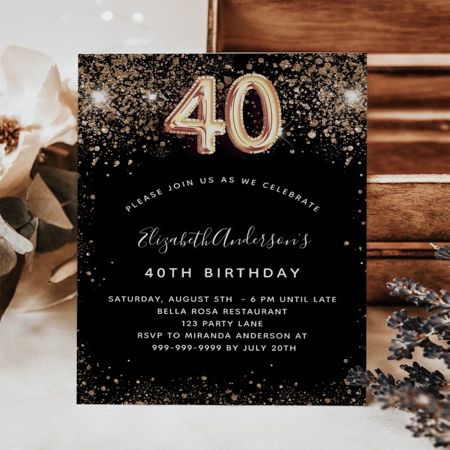 Budget 40th birthday black gold glitter invitation (Creator Uploaded)