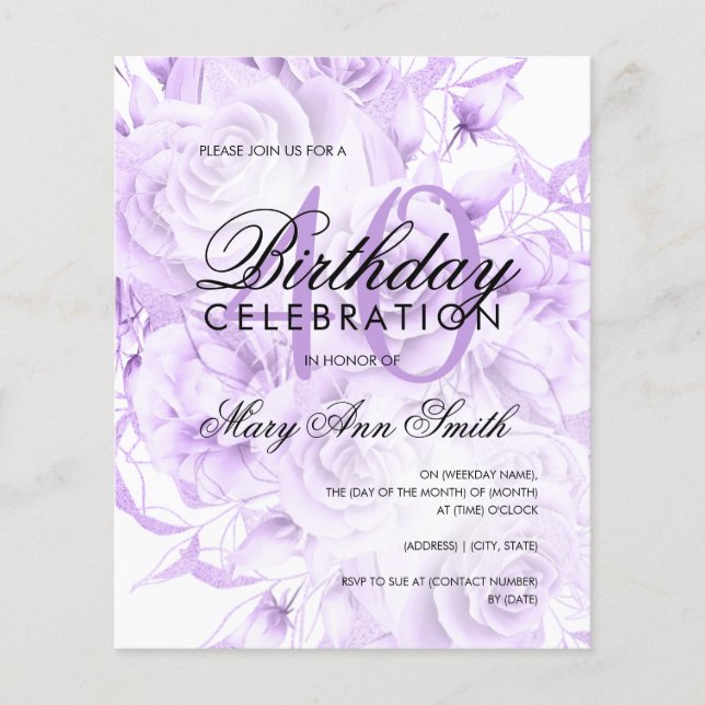 Budget 40th Birthday Floral Purple Invite (Front)