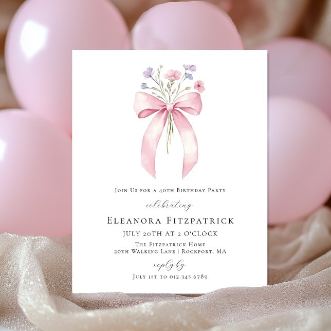 BUDGET 40th Birthday Pink Bow Wildflower Invite (Creator Uploaded)