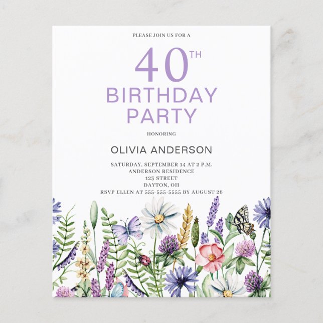 Budget 40th Birthday Purple Floral Invitation (Front)