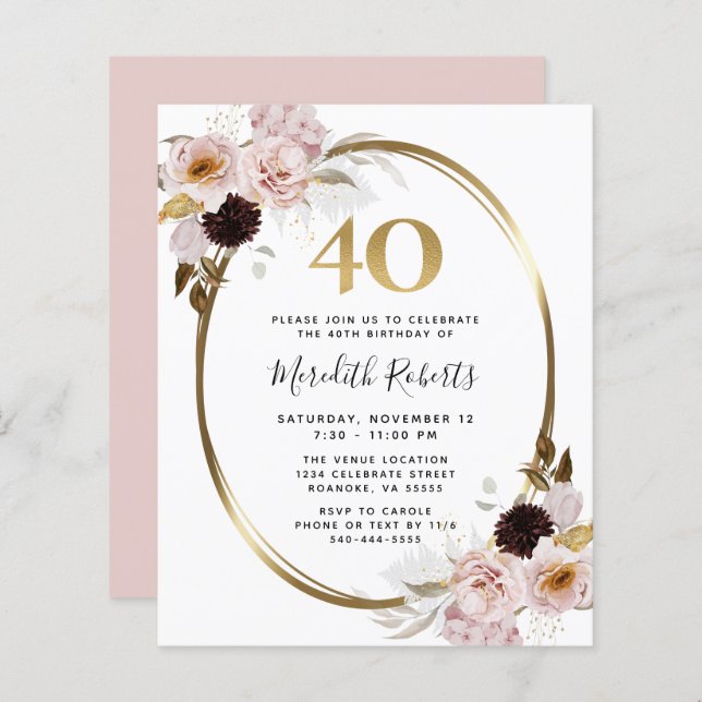 Budget 40th Birthday Roses Gold Foil Party Invite (Front/Back)