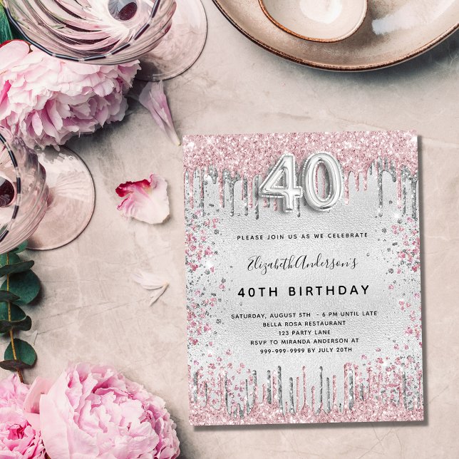 Budget 40th birthday silver pink invitation (Creator Uploaded)