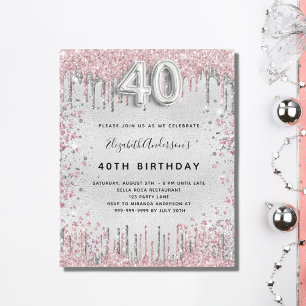 Budget 40th birthday silver pink invitation