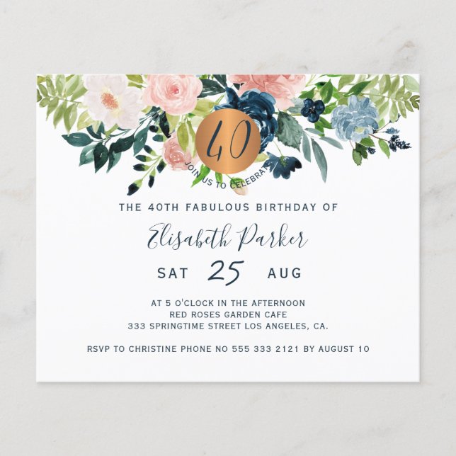 Budget 40th floral birthday party Invitation Flyer (Front)