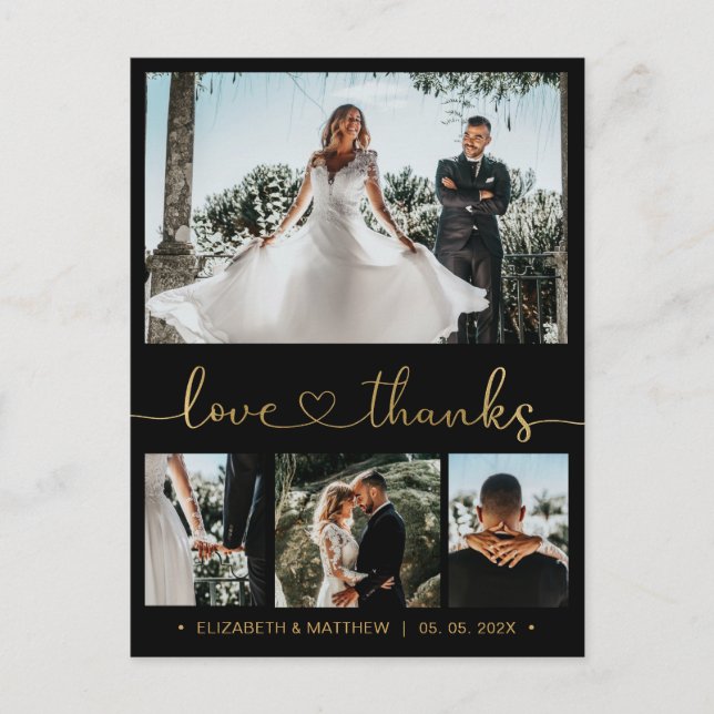 Budget 4 Photo Black Gold Wedding Thank You  Postcard (Front)