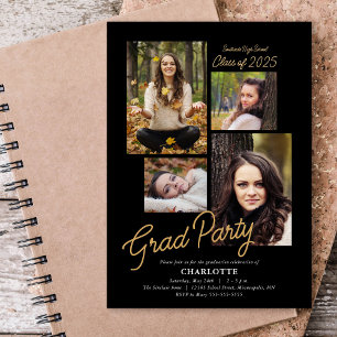 Budget 4 Photo Collage Black Graduation Party  Invitation
