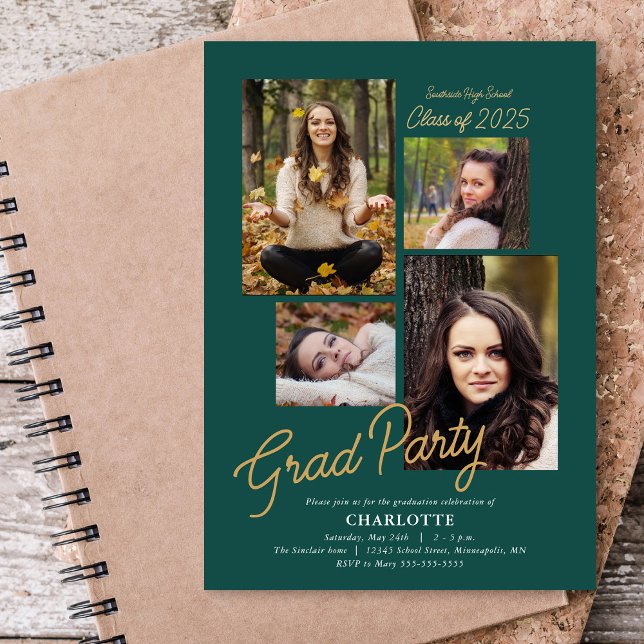 Budget 4 Photo Collage Jade Green Graduation Party Invitation (Creator Uploaded)