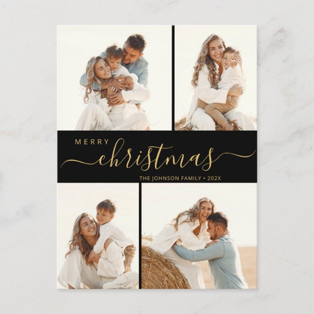 Budget 4 Photo Collage Script Christmas Holiday Postcard (Front)