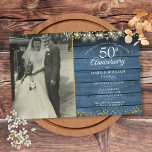 Budget 50th Anniversary Blue Rustic Photo Invite<br><div class="desc">A budget 50th wedding anniversary invitation featuring string lights and delicate golden love hearts confetti on a blue rustic wood background. Personalise with your favourite wedding photo and your special 50th golden wedding anniversary celebration details in chic typography. Designed by Thisisnotme©</div>