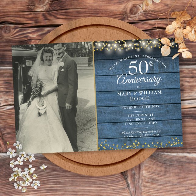 Budget 50th Anniversary Blue Rustic Photo Invite (Creator Uploaded)