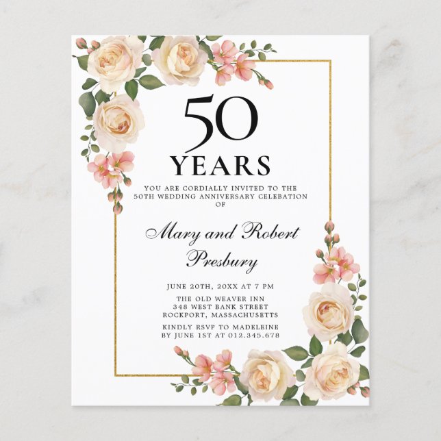 Budget 50th Anniversary Invite Ivory Rose Floral (Front)