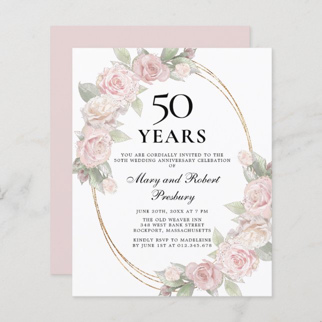 Budget 50th Anniversary Pink Floral Invitation (Front/Back)