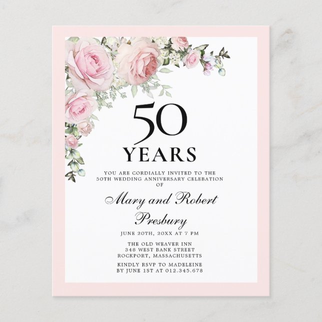 Budget 50th Anniversary Pink Floral Invitation (Front)