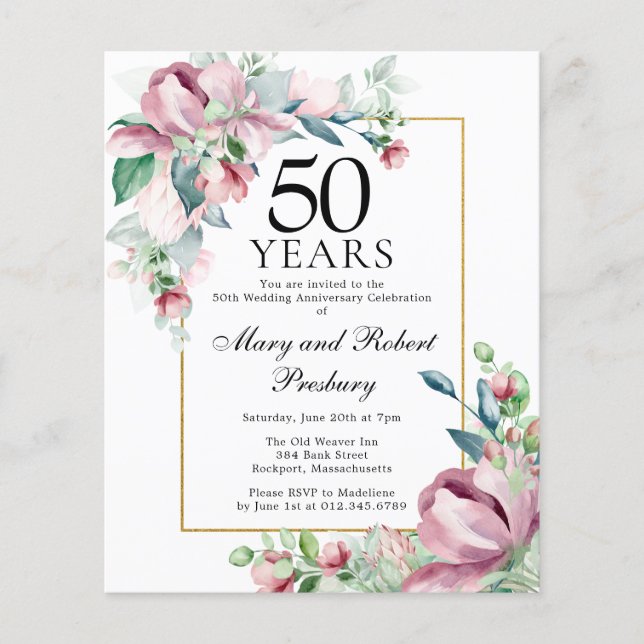 Budget 50th Anniversary Pink Floral Invitation (Front)