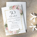 Budget 50th Anniversary Pink Floral Invitation<br><div class="desc">Elegant 50th wedding anniversary invitation template features a gold frame and two arrangements of blush pink roses. All of text is editable.</div>