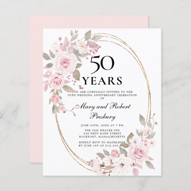 Budget 50th Anniversary Pink Floral Invitation (Front/Back)
