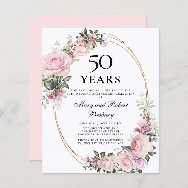 Budget 50th Anniversary Pink Floral Invitation (Front/Back)