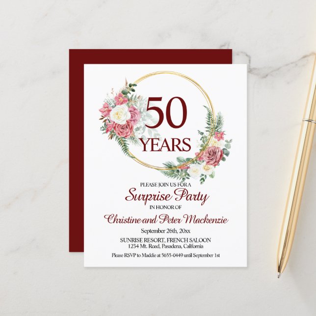 Budget 50th Anniversary Surprise Party Invitation (Front/Back In Situ)