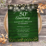 Budget 50th Anniversary Wood Gold Hearts Invite<br><div class="desc">Featuring string lights and delicate golden love hearts confetti on an emerald green rustic wood background. Personalise with your special fifty years golden anniversary information in chic lettering. Designed by Thisisnotme©</div>
