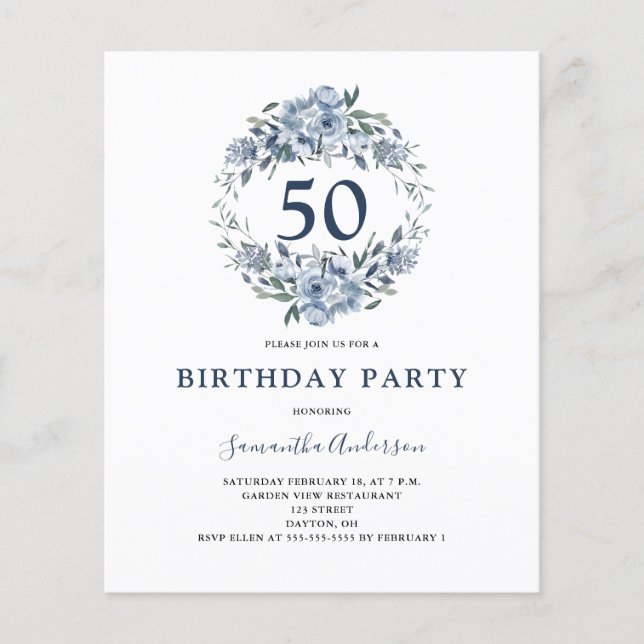 Budget 50th Birthday Blue Floral Invitation (Front)