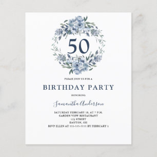 Budget 50th Birthday Blue Floral Invitation  Flyer