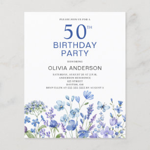 Budget 50th Birthday Blue Floral Invitation Flyer