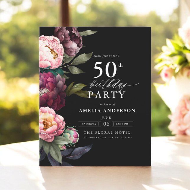 Budget 50th Birthday Burgundy Floral Invitation (Creator Uploaded)