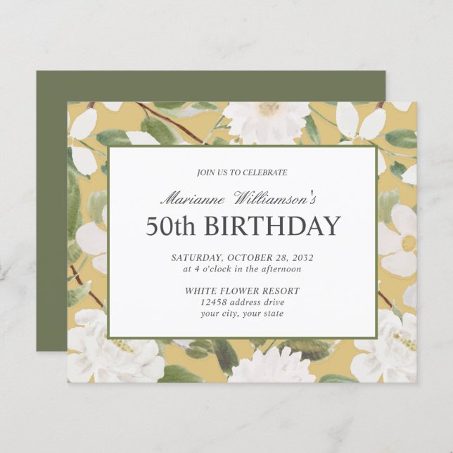 Budget 50th Birthday Feminine White Flowers yellow (Front/Back)