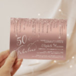 Budget 50th Birthday Glitter Rose Gold Invitation<br><div class="desc">Elegant, chic and budget-friendly 50th birthday party invitation featuring "50 & Fabulous" written in stylish white script against a rose gold background, with rose gold faux glitter dripping down. You can personalise with her name and the party details. This budget semi-gloss paper is similar in weight to photo paper. A...</div>